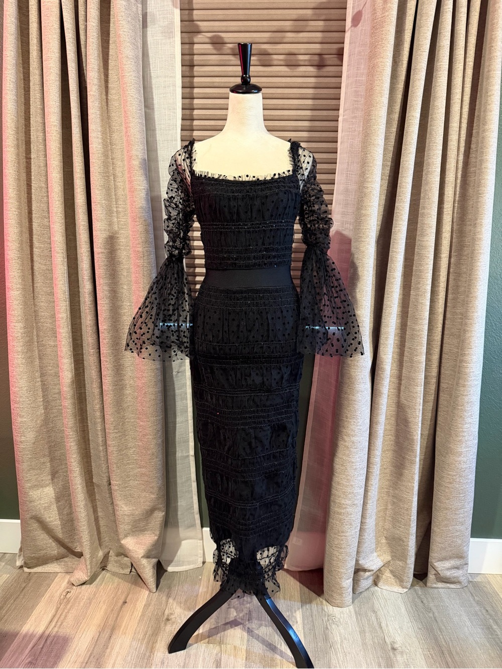 Black Lace Maxi Dress with Sheer Polka-Dot Bell Sleeves